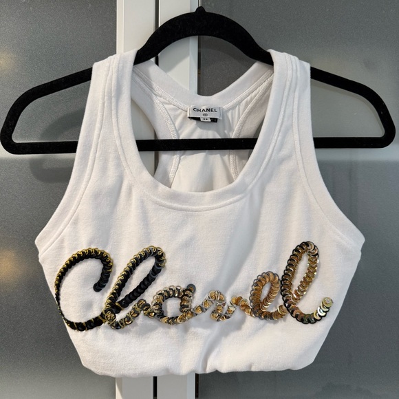 Chanel White Tank Top with Gold Sequin Logo - Picture 1 of 11